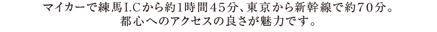 マイカーで練馬I.Cから約1時間４５分、東京から新幹線で約７０分。 都心へのアクセスの良さが魅力です。